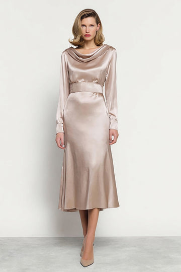 Champagne Sheath Long Sleeve Cowl Neck Satin Work Dress
